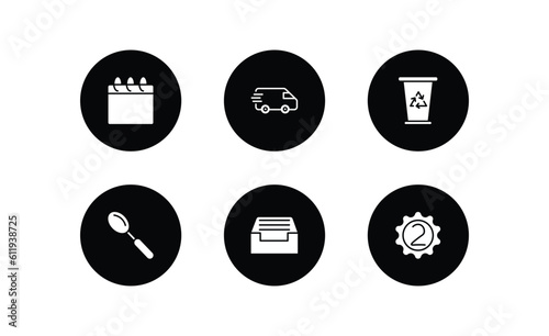 tools and utensils filled icons set. tools and utensils filled icons pack included calendar page, postage, recycling bin, large spoon, tray for papers, second vector.
