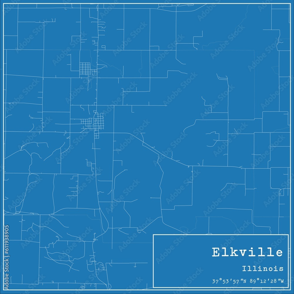 Blueprint US city map of Elkville, Illinois.