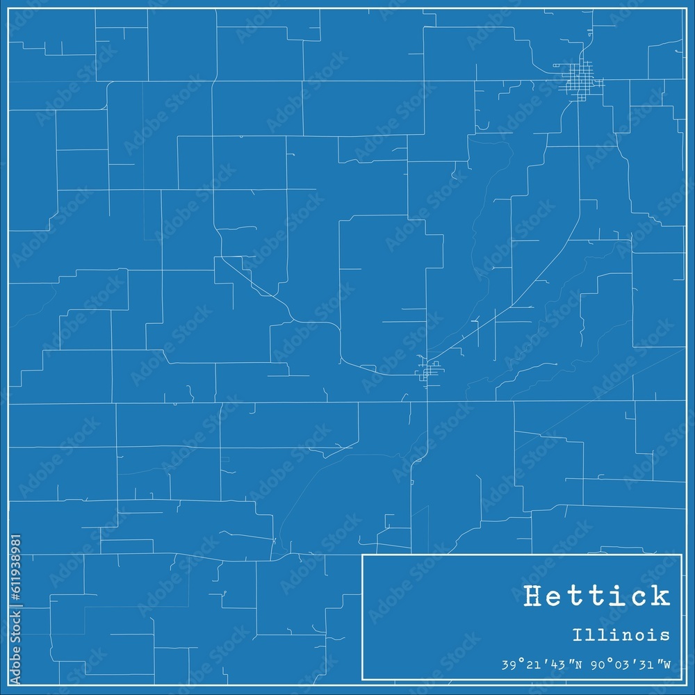 Blueprint US city map of Hettick, Illinois.