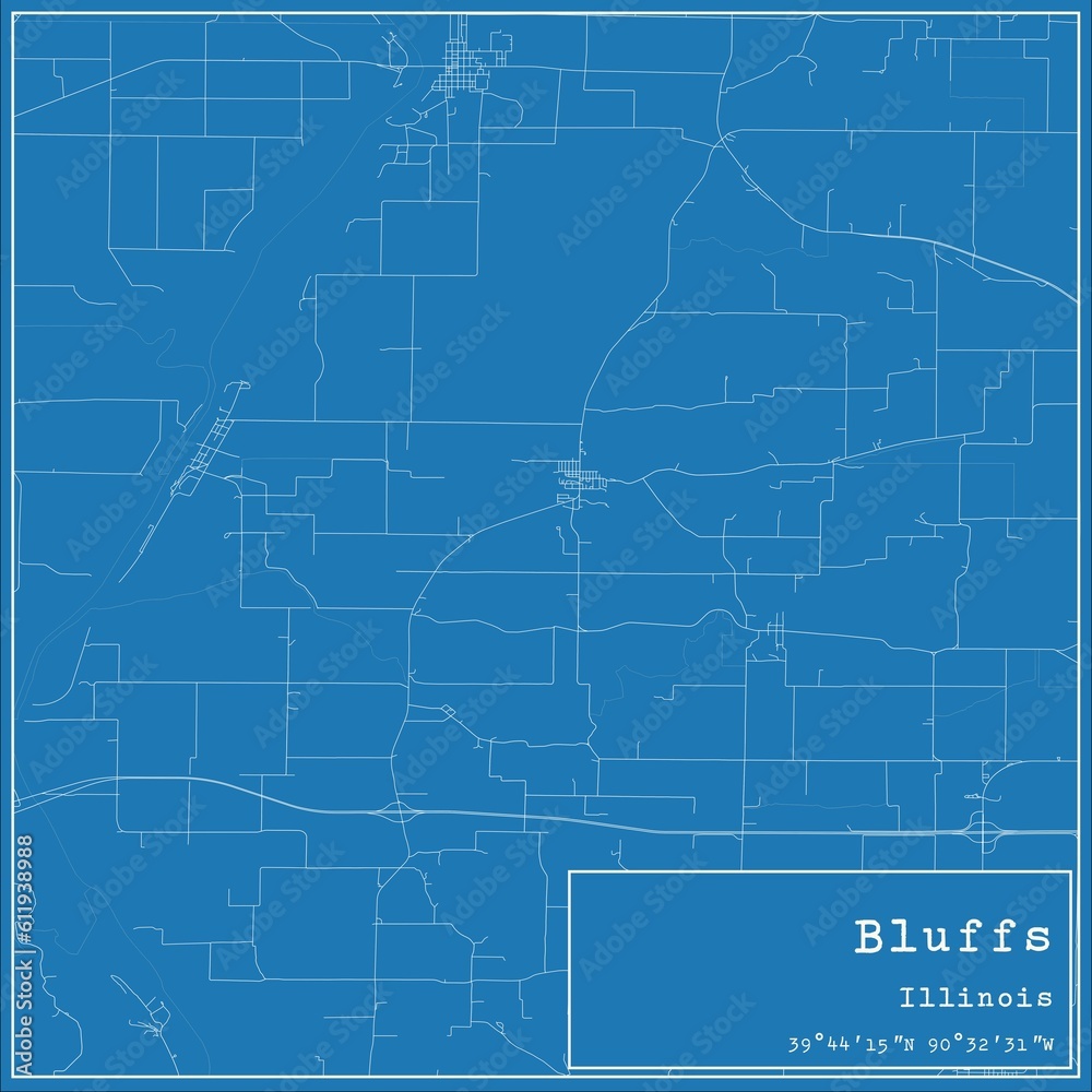 Blueprint US city map of Bluffs, Illinois.