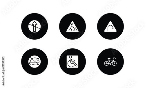 traffic signs filled icons set. traffic signs filled icons pack included no straight, road work, left hair pin, no rodents, handicap, bicycle vector.