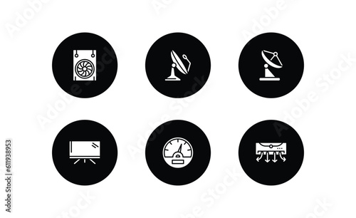 technology filled icons set. technology filled icons pack included ventilating fan, dish, reciever, screen blank, vehicle speedometer, air direction vector.