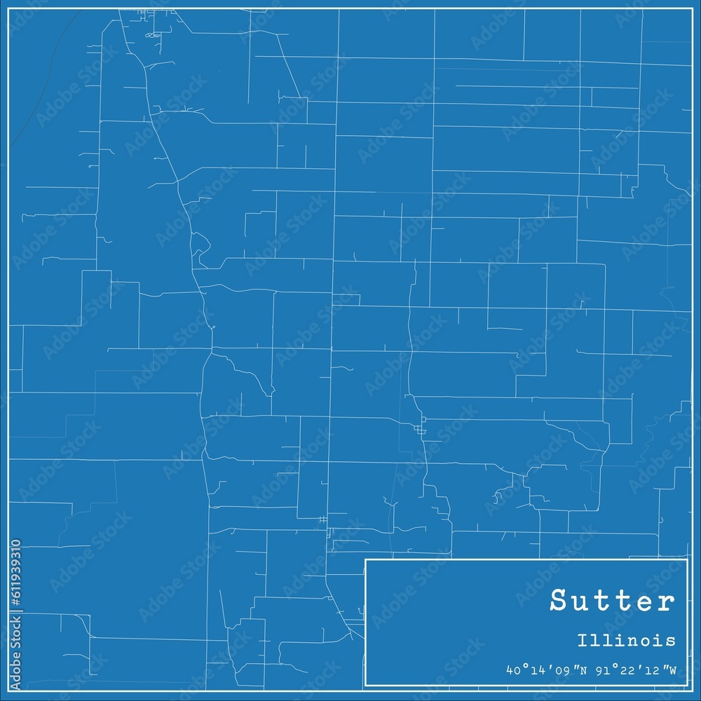 Blueprint US city map of Sutter, Illinois.