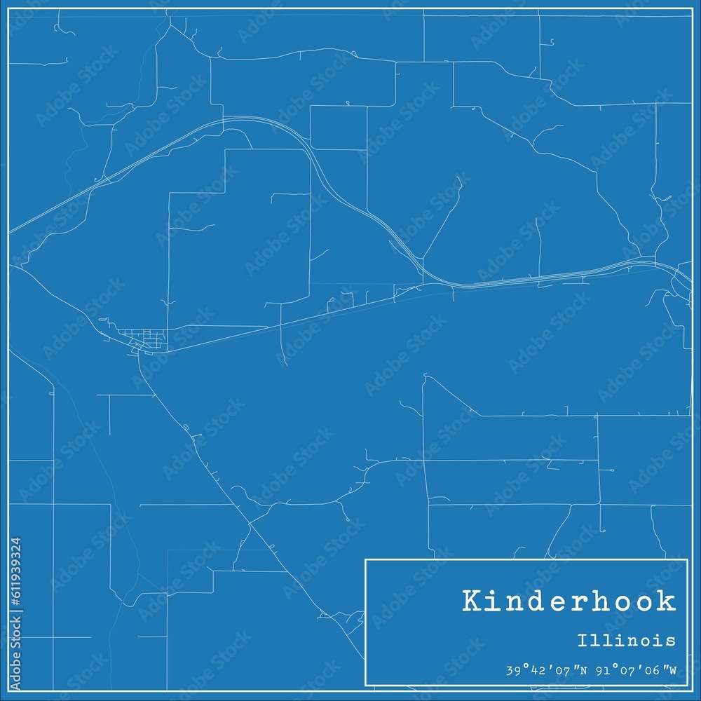 Blueprint US city map of Kinderhook, Illinois.