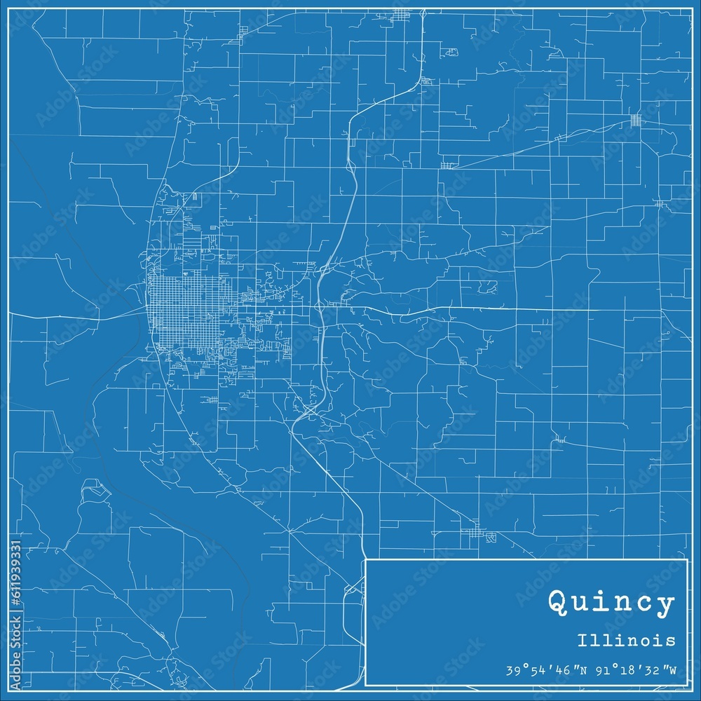 Blueprint US city map of Quincy, Illinois.