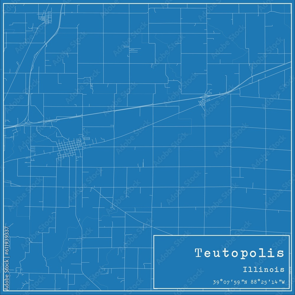 Blueprint US city map of Teutopolis, Illinois.