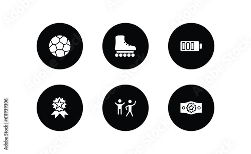 sports filled icons set. sports filled icons pack included football ball, roller skate, batter, awards, excercise, champion belt vector.