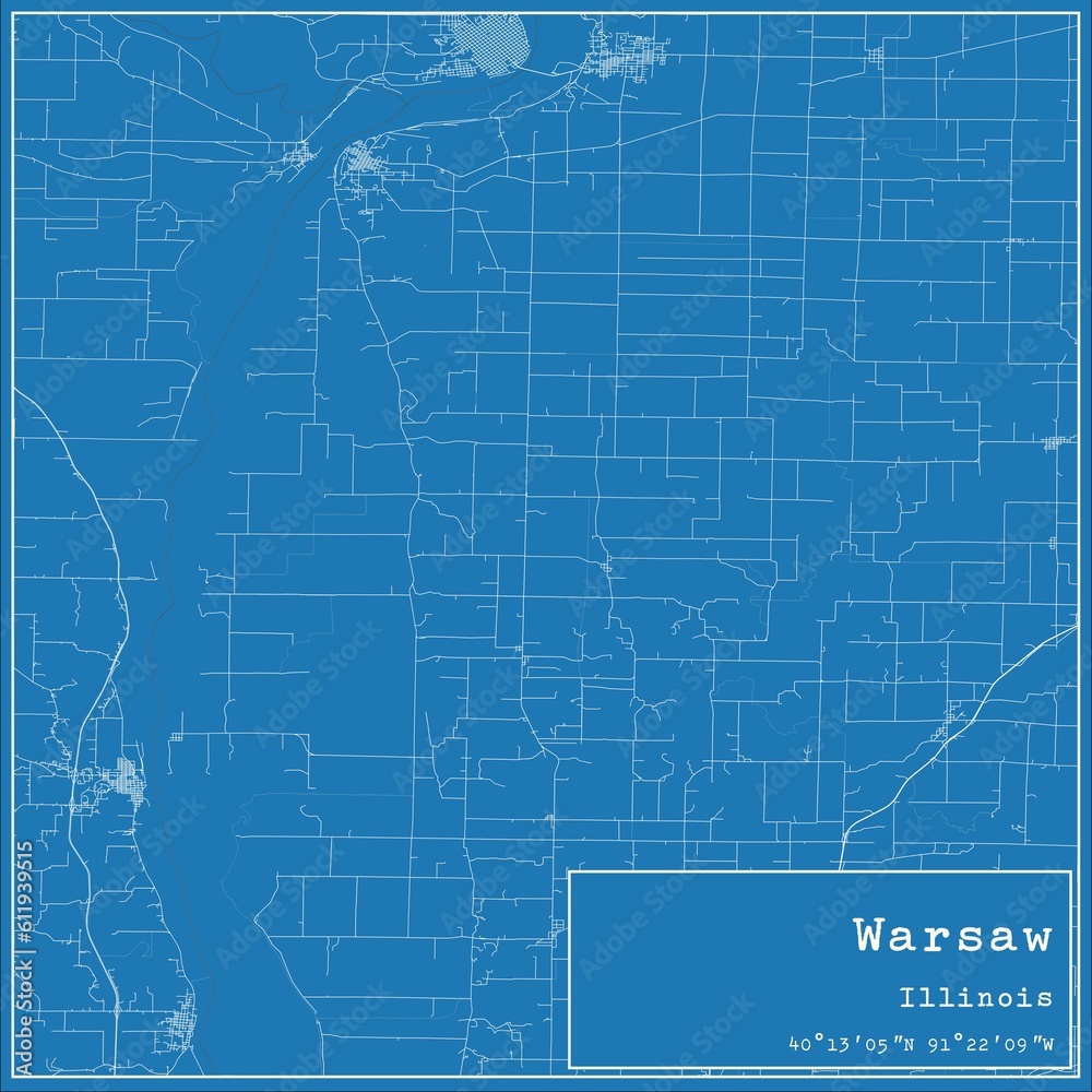 Blueprint US city map of Warsaw, Illinois.