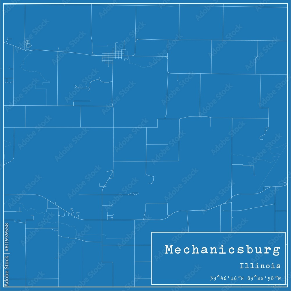 Blueprint US city map of Mechanicsburg, Illinois.