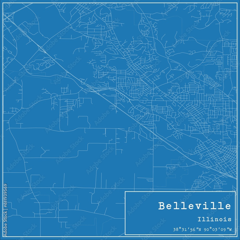 Blueprint US city map of Belleville, Illinois.