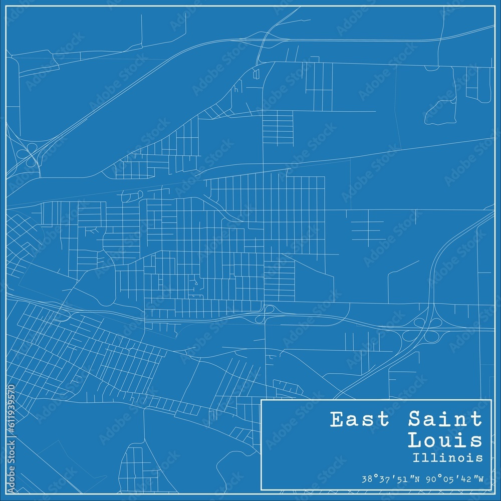 Blueprint US city map of East Saint Louis, Illinois.