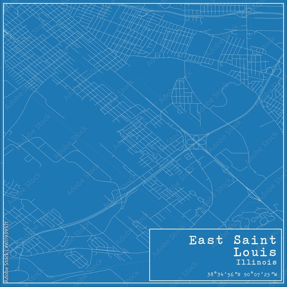 Blueprint US city map of East Saint Louis, Illinois.