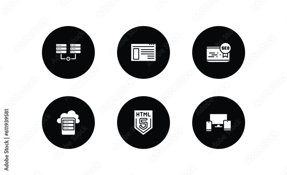 programming filled icons set. programming filled icons pack included hosting, ux de, seo reputation, data storage, html5, cross-platform vector.