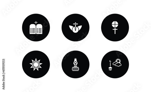 religion filled icons set. religion filled icons pack included commandments, heresy, gticism, bahai, old oil lamp, ramadan sunrise vector.