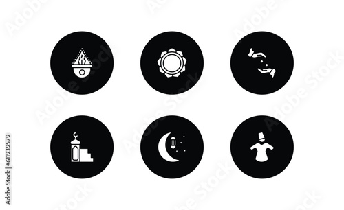 religion filled icons set. religion filled icons pack included incense burner, buddhism, sadaqah, minbar, ramadan month, sufi mystic vector.