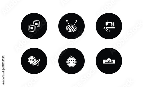 sew filled icons set. sew filled icons pack included patch, ball of wool, sewing clip art, button, arras, buttonhole vector.