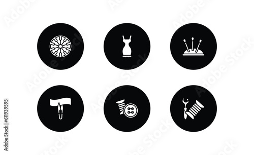 sew filled icons set. sew filled icons pack included spokes, garment, pincushion, cutting, sewing tools, sewing equipment vector.