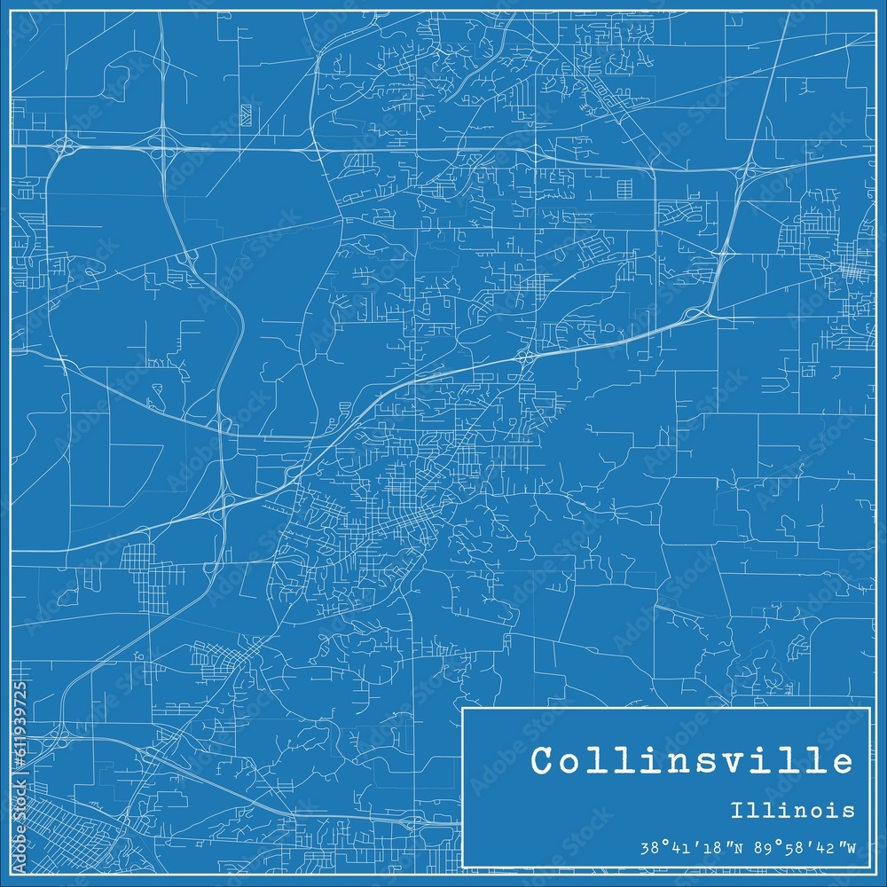 Blueprint US city map of Collinsville, Illinois.