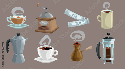 Coffee objects set. Cups of coffee with heart shaped cream and steam, grinder, geyser coffee maker pot. Vector cartoon style flat illustrations.
