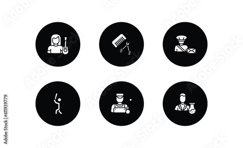 professions filled icons set. professions filled icons pack included guitar player, hairdresser, postman, baseball player, welder, scientist vector.