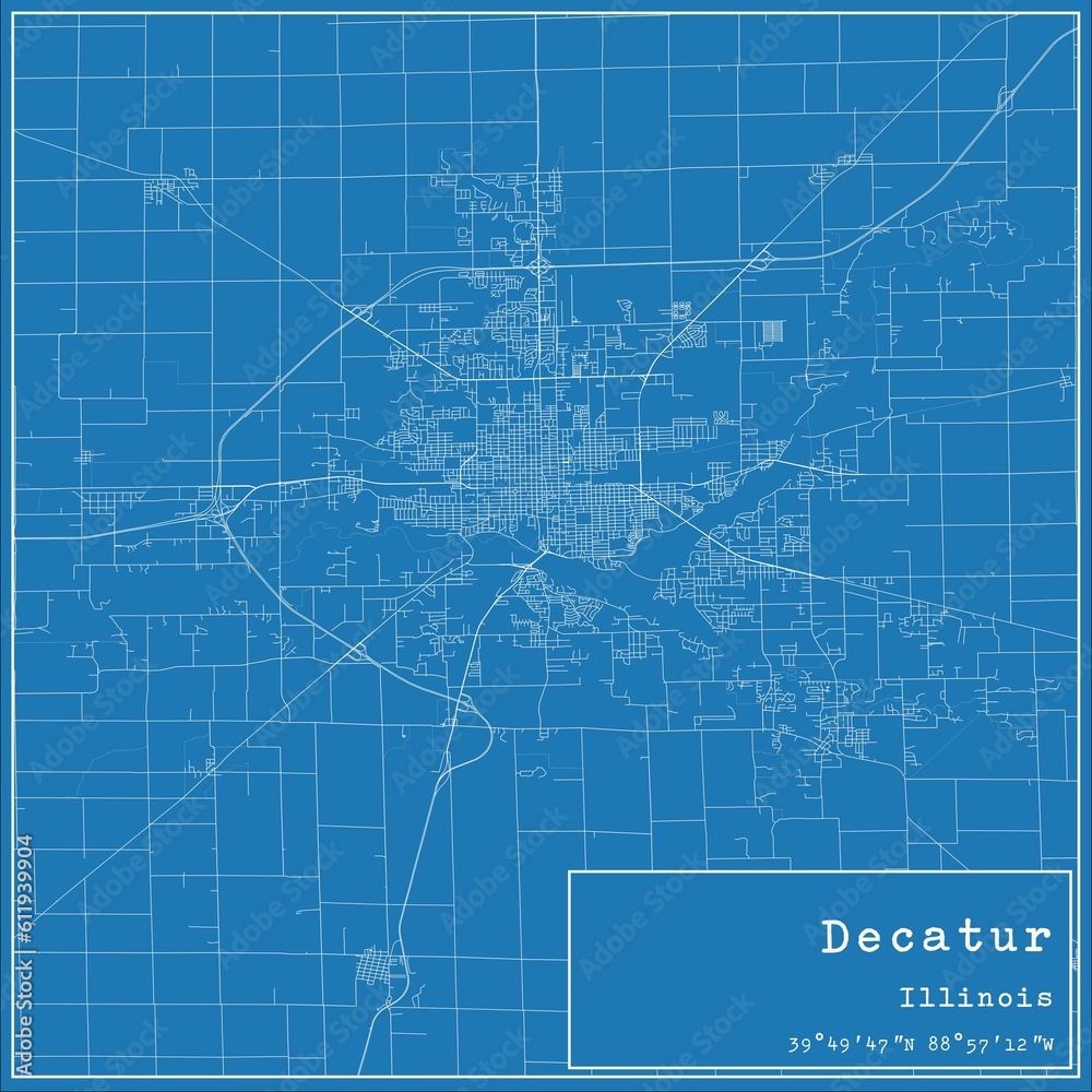 Blueprint US city map of Decatur, Illinois.