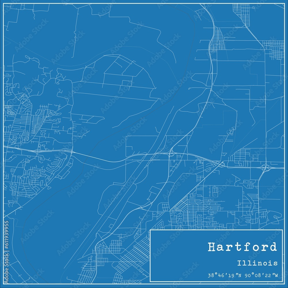 Blueprint US city map of Hartford, Illinois.