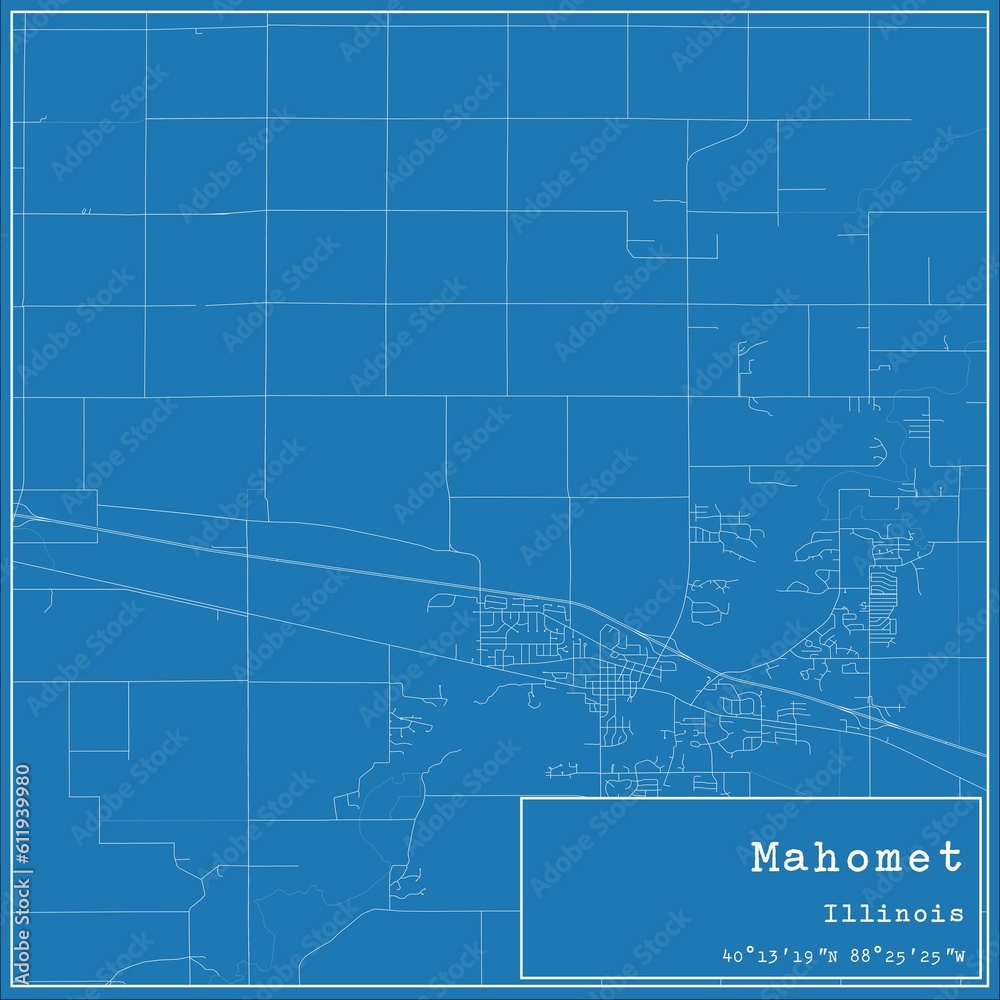 Blueprint US city map of Mahomet, Illinois.