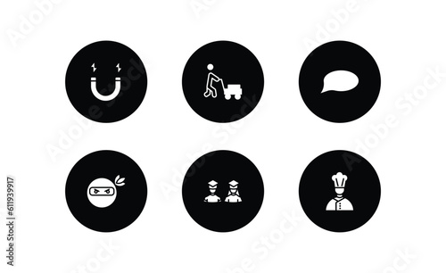 people filled icons set. people filled icons pack included electromagnet, person mowing the grass, chat balloon, ninja portrait, students, cook vector.
