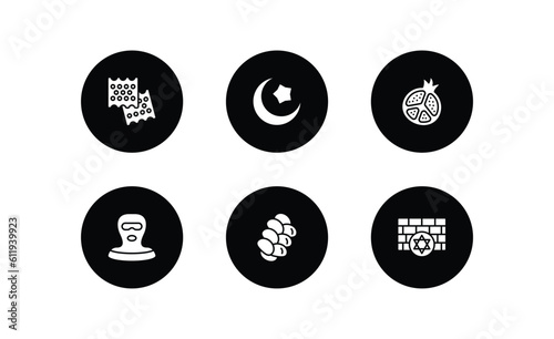 religion filled icons set. religion filled icons pack included matzo, islam, half pomegranate,  , challah, kotel vector.
