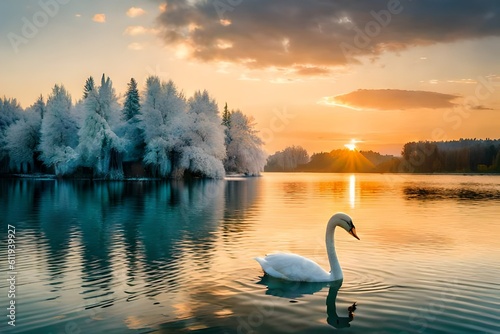 swan on the lake at sunset