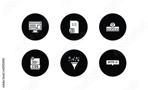 programming filled icons set. programming filled icons pack included program interface, js, login, css file format, seo funnel, http vector.