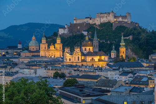 The City of Salzburg with the Fortress Hohensalzburg and the River Salzach from the Humbold Terrace in Austria