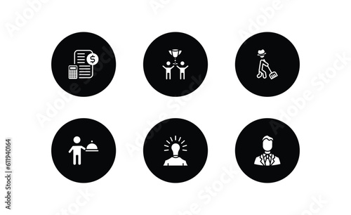 people filled icons set. people filled icons pack included book keeper, succes team, farmer working, cooker with tray, man with idea, man with company vector.