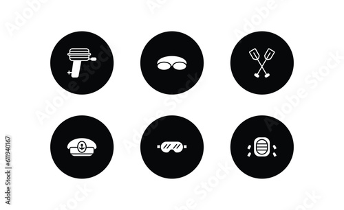 nautical filled icons set. nautical filled icons pack included boat engine, swimming glasses, oars, captain hat, snorkling glasses, rubber raft vector.