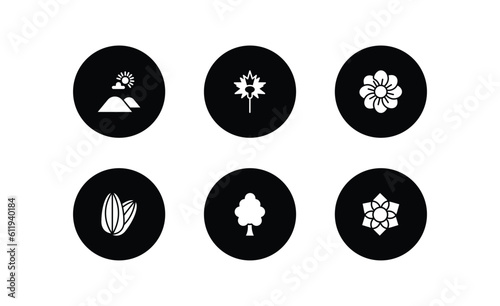 nature filled icons set. nature filled icons pack included hills, carnation, pansy, almond, american elm tree, clematis vector.
