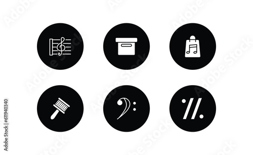 music and media filled icons set. music and media filled icons pack included stave, image archive, music store, cabasa, bass clef, simile vector.
