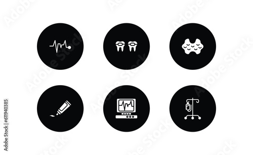 medical filled icons set. medical filled icons pack included pulse line, braces, thyroid gland, ointment, heart rate monitor, perfusion vector.