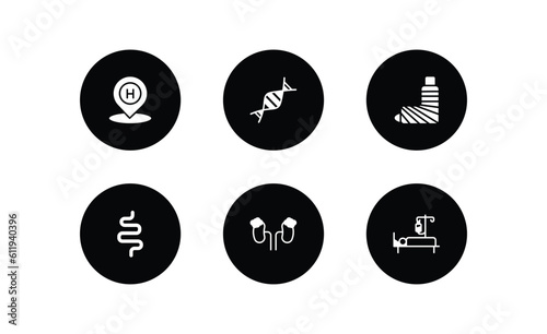medical filled icons set. medical filled icons pack included hospital placeholder, medical chain of dna, plastered foot, intestines, adrenal gland, illness on bed vector.