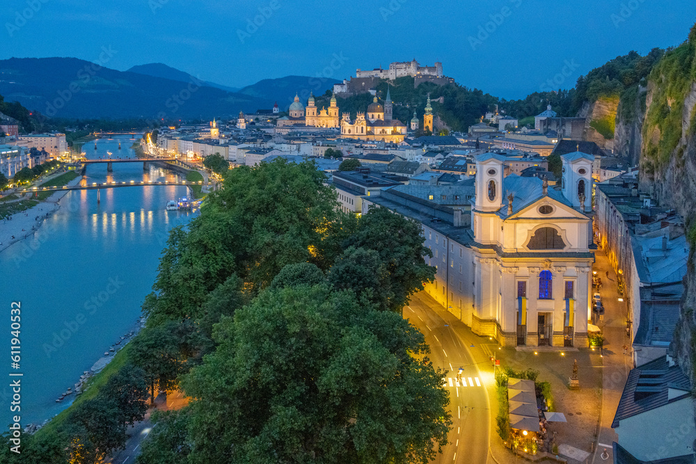 The City of Salzburg with the Fortress Hohensalzburg and the River Salzach from the Humbold Terrace in Austria