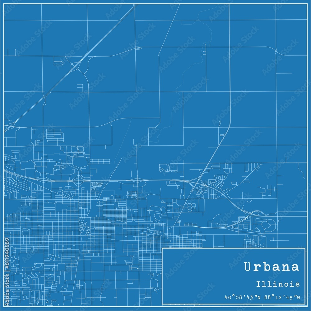 Blueprint US city map of Urbana, Illinois.