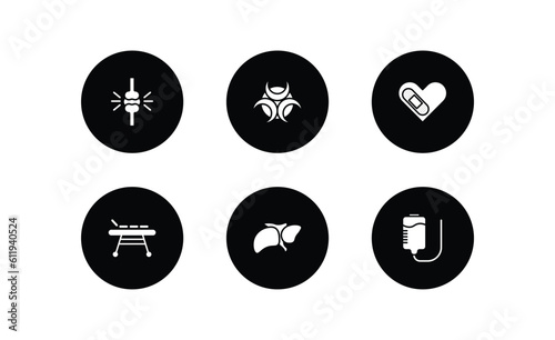 medical filled icons set. medical filled icons pack included knee, biological warning, cure, table of treatments, liver, plasma vector.