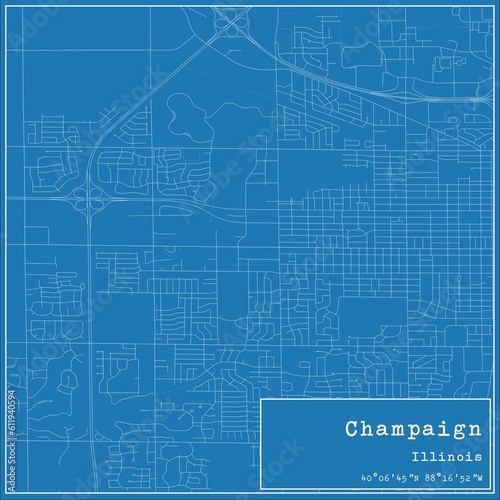 Blueprint US city map of Champaign, Illinois.