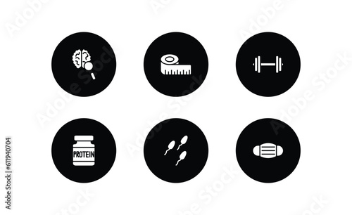 health and medical filled icons set. health and medical filled icons pack included neurology, measure tape, dumbbell, proteins, sperm, medical mask vector.