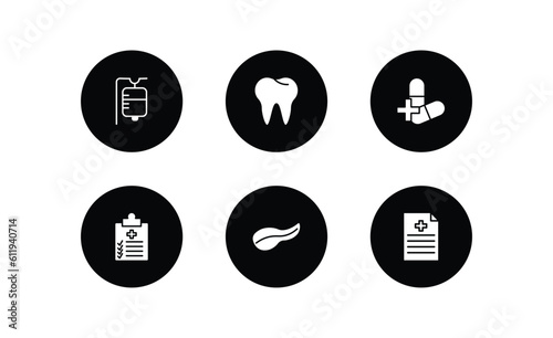 health and medical filled icons set. health and medical filled icons pack included saline, teeth, antibiotics, medical checklist, pancreas, file vector.