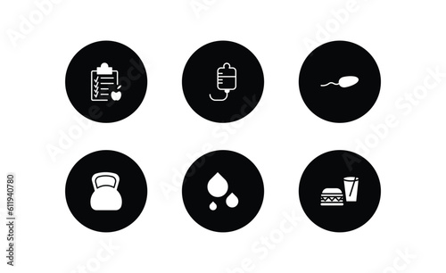 health and medical filled icons set. health and medical filled icons pack included nutrition, medical drip, spermatozoon, kettlebell, blood, fast food vector.