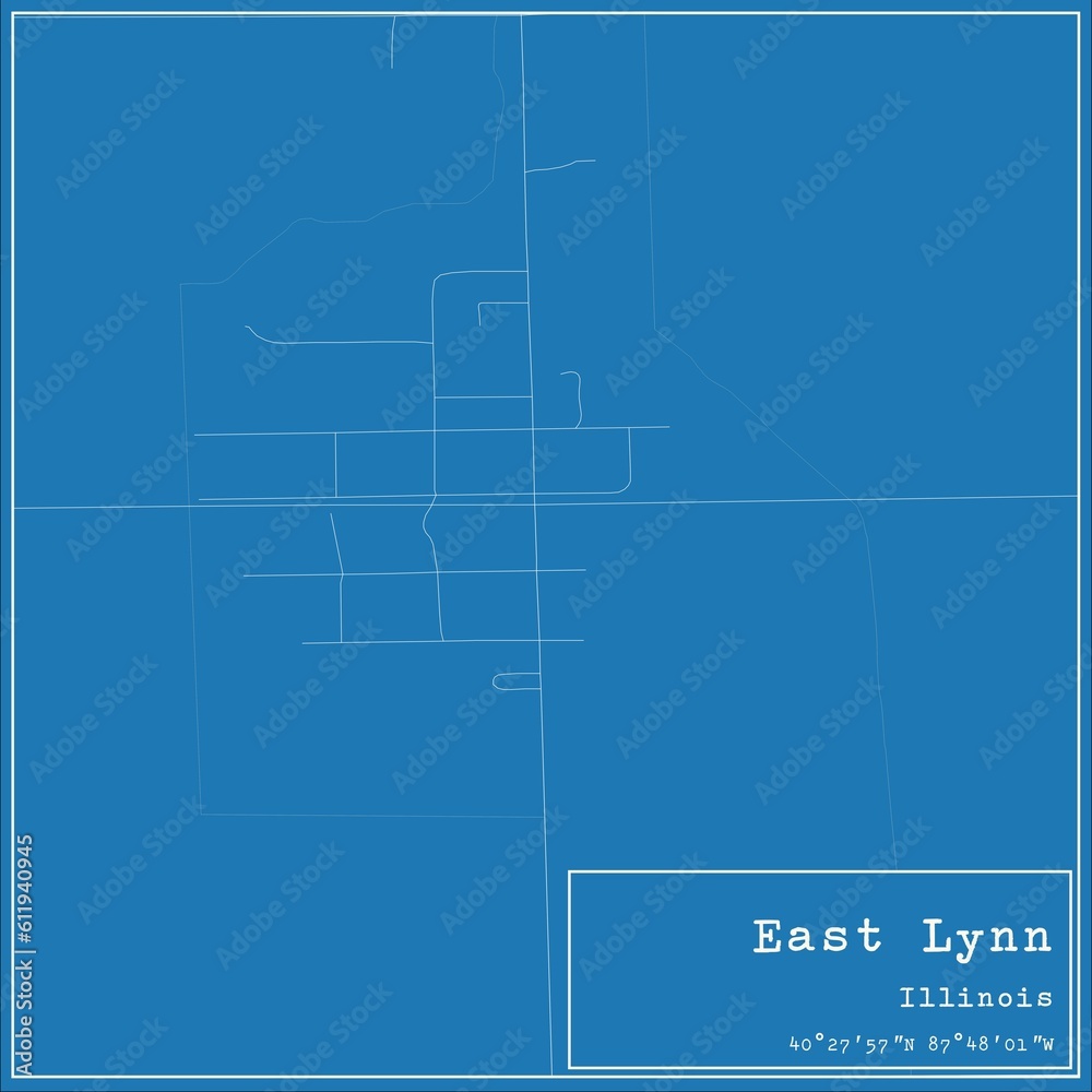 Blueprint US city map of East Lynn, Illinois.