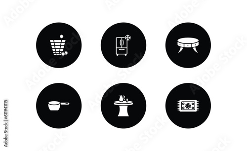 furniture & household filled icons set. furniture & household filled icons pack included waste basket, refrigerator, coffee table, small saucepan, kitchen table, rug vector.