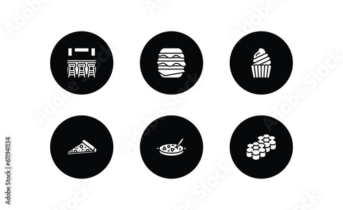 food filled icons set. food filled icons pack included cafe bar, double burger, muffin bake, italian, luosifen, flower shaped biscuits vector.