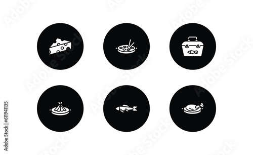 food and restaurant filled icons set. food and restaurant filled icons pack included cheese wedge, oyster omelette, fishing tool, fuqi feipian, sardines, peking duck vector.