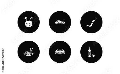 food filled icons set. food filled icons pack included drink in a coconut, zha jiang mian, spicy food, chow mein, wonton, alcoholic vector.